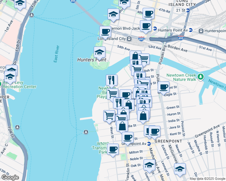 map of restaurants, bars, coffee shops, grocery stores, and more near 5 Commercial Street in Brooklyn