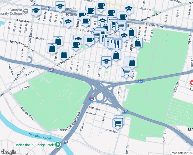 map of restaurants, bars, coffee shops, grocery stores, and more near 50-71 43rd Street in Queens