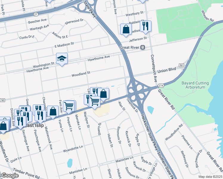 map of restaurants, bars, coffee shops, grocery stores, and more near 369 East Main Street in East Islip
