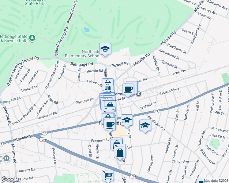 map of restaurants, bars, coffee shops, grocery stores, and more near 100 Secatogue Avenue in Farmingdale