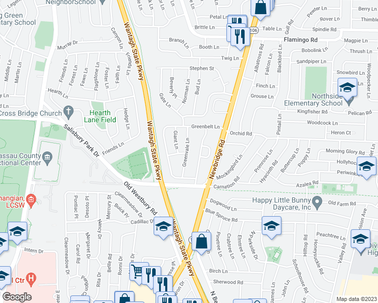map of restaurants, bars, coffee shops, grocery stores, and more near 27 Greenvale Lane in Levittown