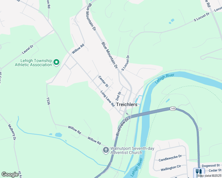 map of restaurants, bars, coffee shops, grocery stores, and more near 4359 3rd Street in Walnutport