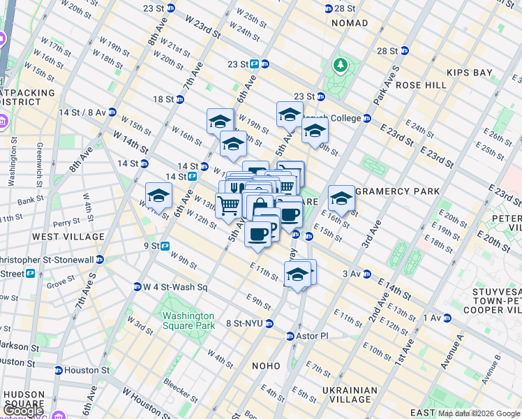 map of restaurants, bars, coffee shops, grocery stores, and more near 65 5th Avenue in New York