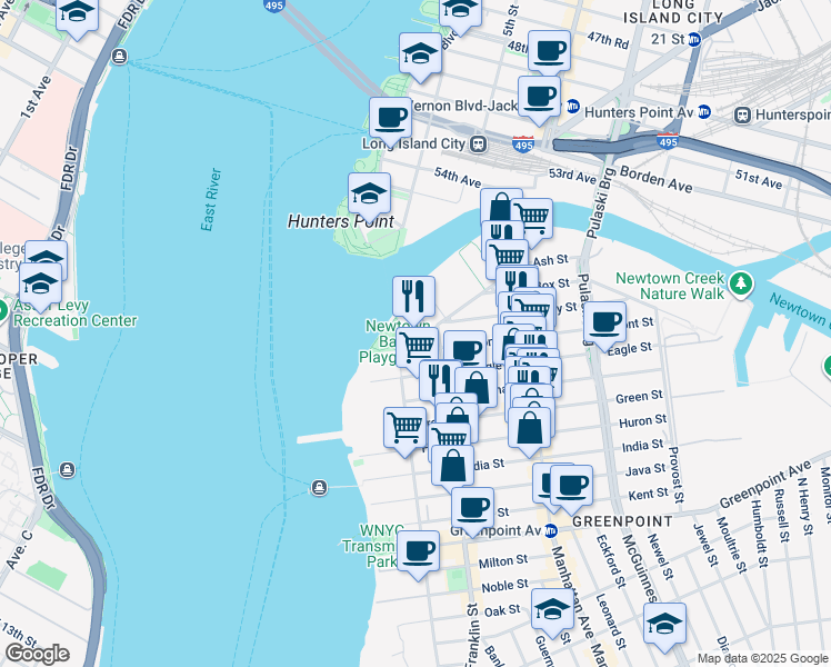 map of restaurants, bars, coffee shops, grocery stores, and more near 5 Commercial Street in Brooklyn