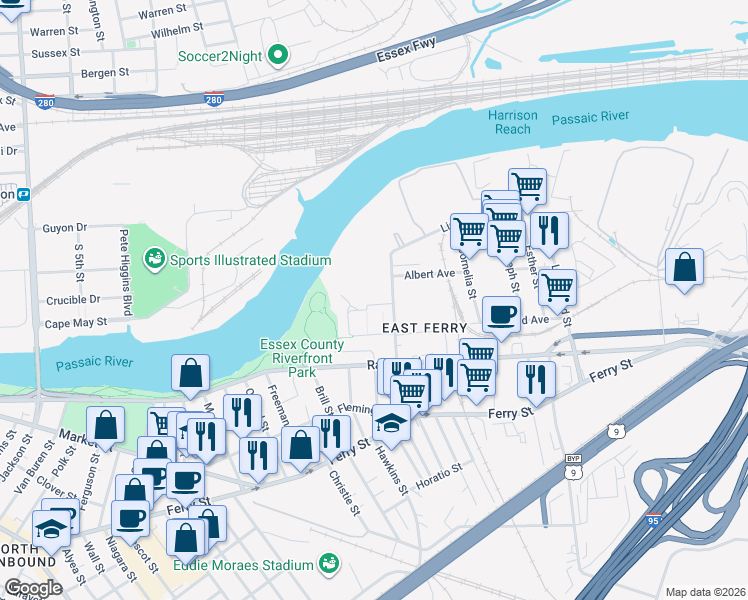 map of restaurants, bars, coffee shops, grocery stores, and more near 35 Riverview Court in Newark