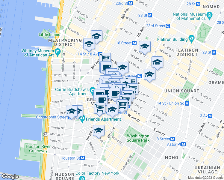 map of restaurants, bars, coffee shops, grocery stores, and more near 3 Perry Street in New York