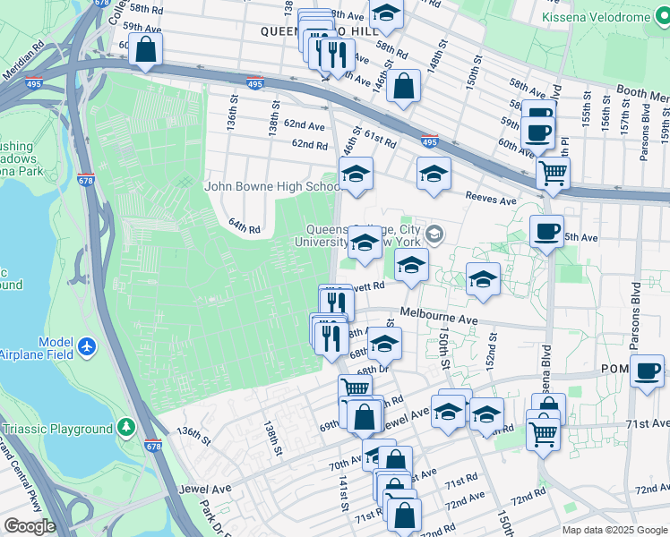 map of restaurants, bars, coffee shops, grocery stores, and more near Main Street in Queens