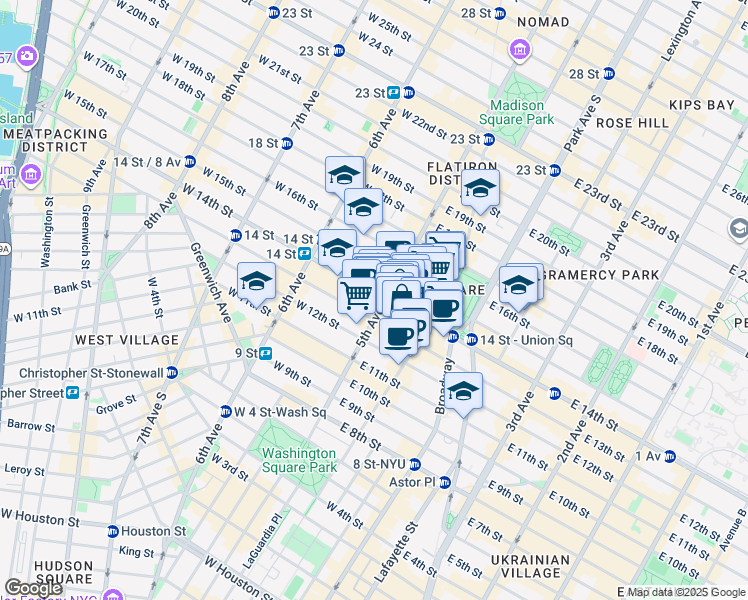map of restaurants, bars, coffee shops, grocery stores, and more near 2 West 14th Street in New York
