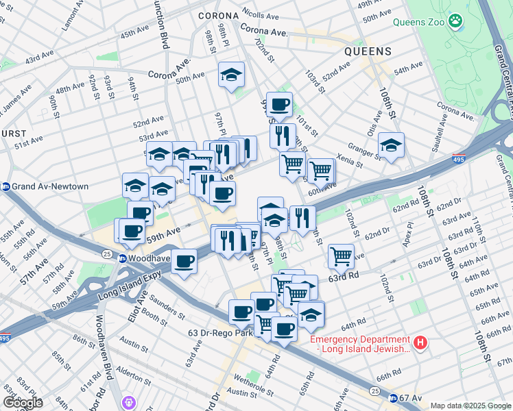 map of restaurants, bars, coffee shops, grocery stores, and more near 97-11 Horace Harding Expressway in Queens