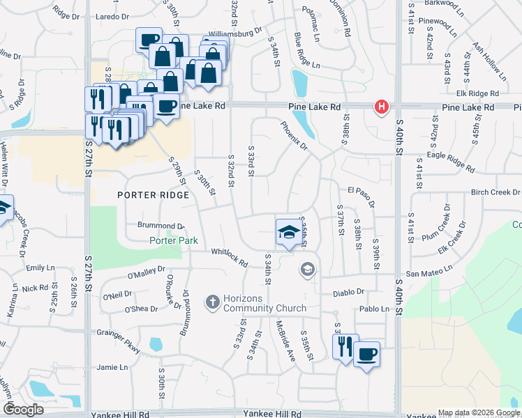 map of restaurants, bars, coffee shops, grocery stores, and more near 3315 Canyon Road in Lincoln