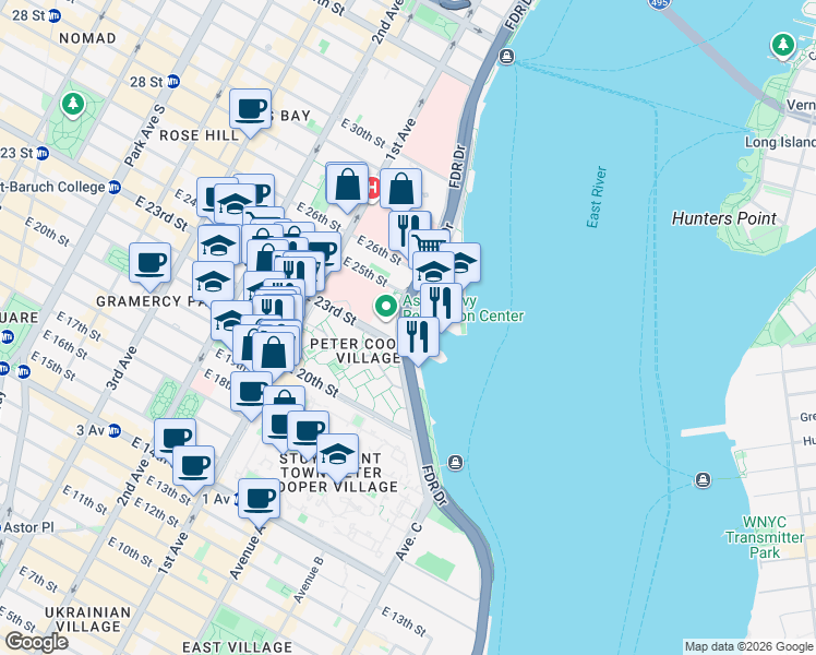 map of restaurants, bars, coffee shops, grocery stores, and more near 12 FDR Drive in New York