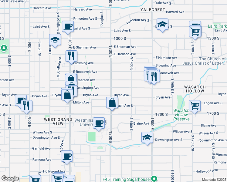 map of restaurants, bars, coffee shops, grocery stores, and more near 1567 South 1300 East in Salt Lake City