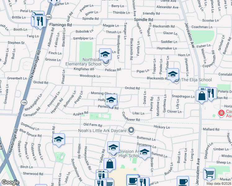 map of restaurants, bars, coffee shops, grocery stores, and more near 18 Violet Lane in Levittown
