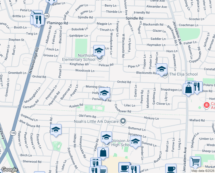map of restaurants, bars, coffee shops, grocery stores, and more near 18 Violet Lane in Levittown