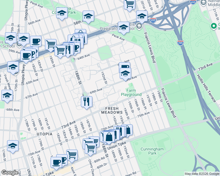 map of restaurants, bars, coffee shops, grocery stores, and more near 192-45 71st Crescent in Queens