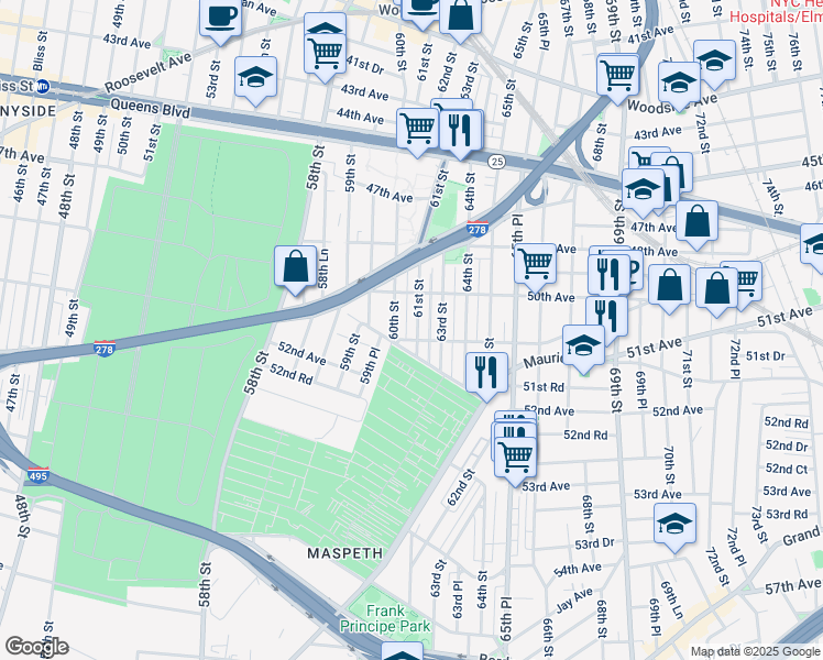 map of restaurants, bars, coffee shops, grocery stores, and more near 51-03 61st Street in Queens