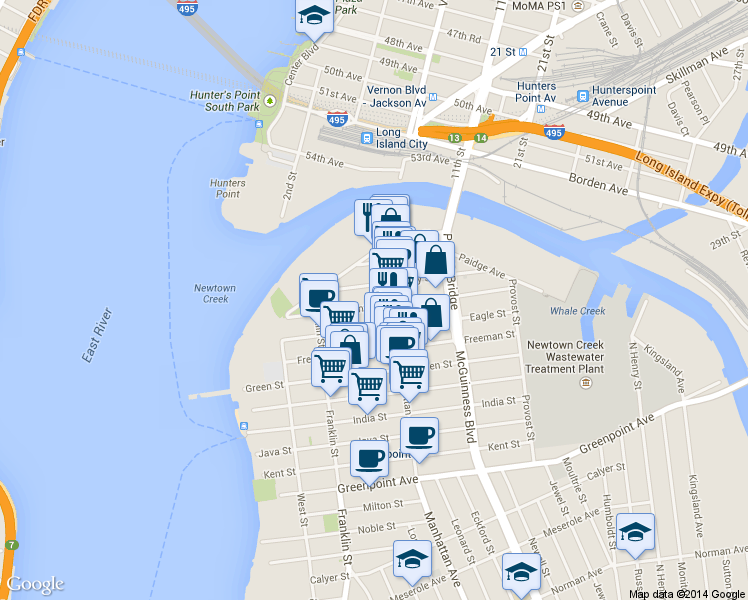 map of restaurants, bars, coffee shops, grocery stores, and more near 1059 Manhattan Avenue in Brooklyn