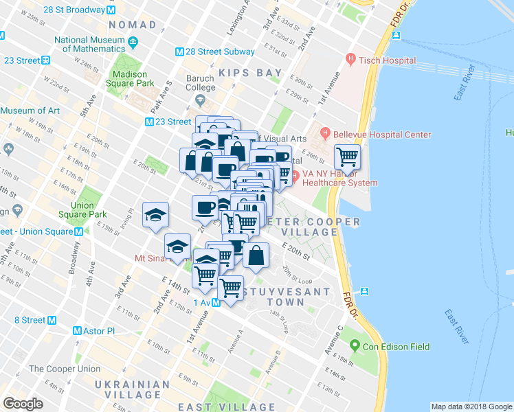 map of restaurants, bars, coffee shops, grocery stores, and more near in New York