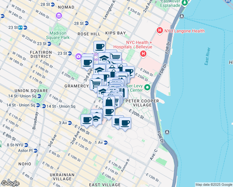 map of restaurants, bars, coffee shops, grocery stores, and more near in New York