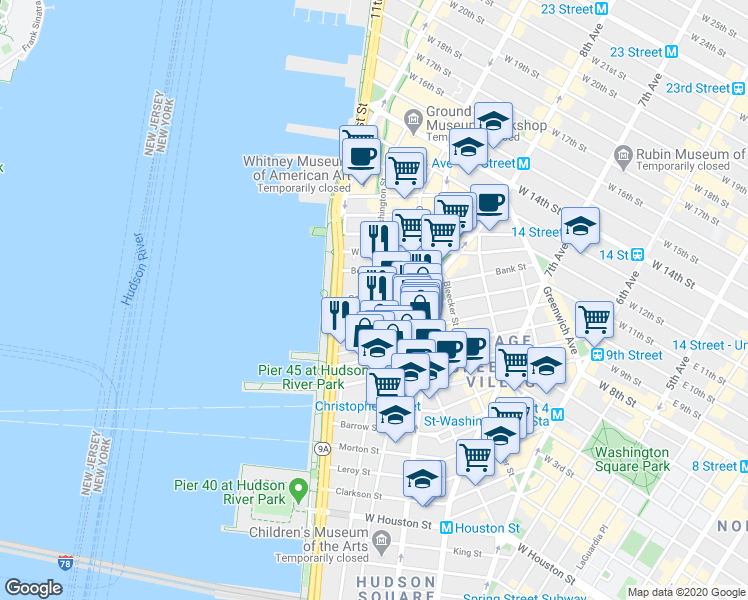 map of restaurants, bars, coffee shops, grocery stores, and more near in New York