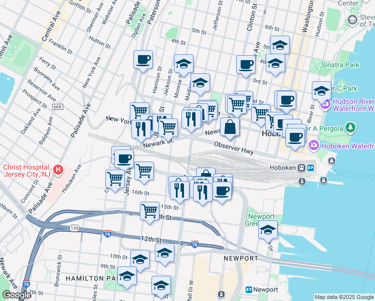 map of restaurants, bars, coffee shops, grocery stores, and more near 689 Marin Boulevard in Jersey City