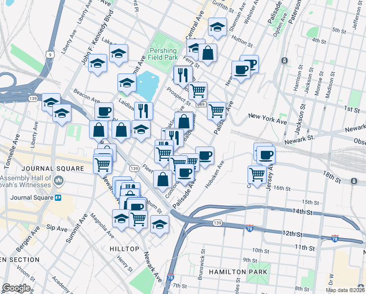map of restaurants, bars, coffee shops, grocery stores, and more near 46 Beacon Avenue in Jersey City