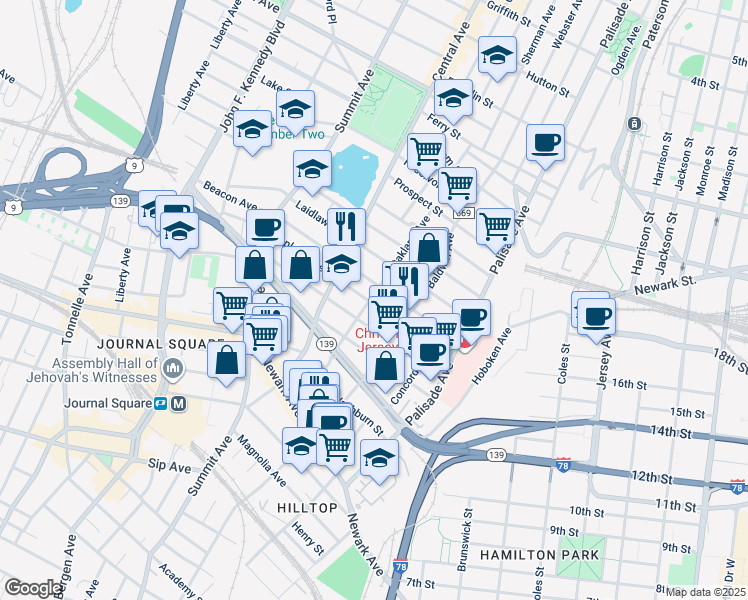 map of restaurants, bars, coffee shops, grocery stores, and more near 63 Hopkins Avenue in Jersey City