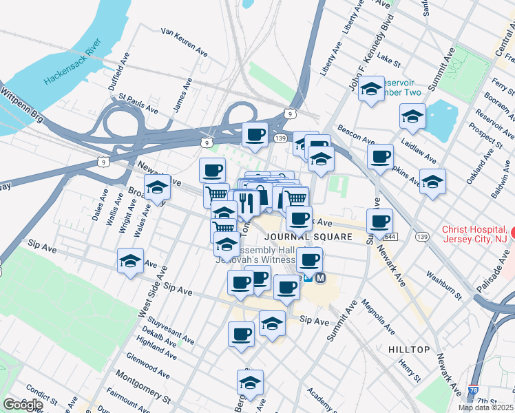 map of restaurants, bars, coffee shops, grocery stores, and more near in Jersey City