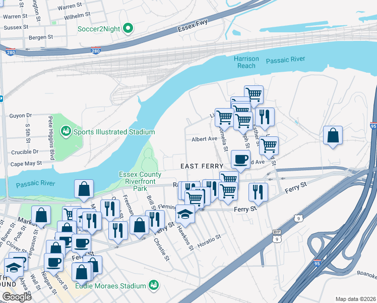 map of restaurants, bars, coffee shops, grocery stores, and more near 35 Riverview Court in Newark