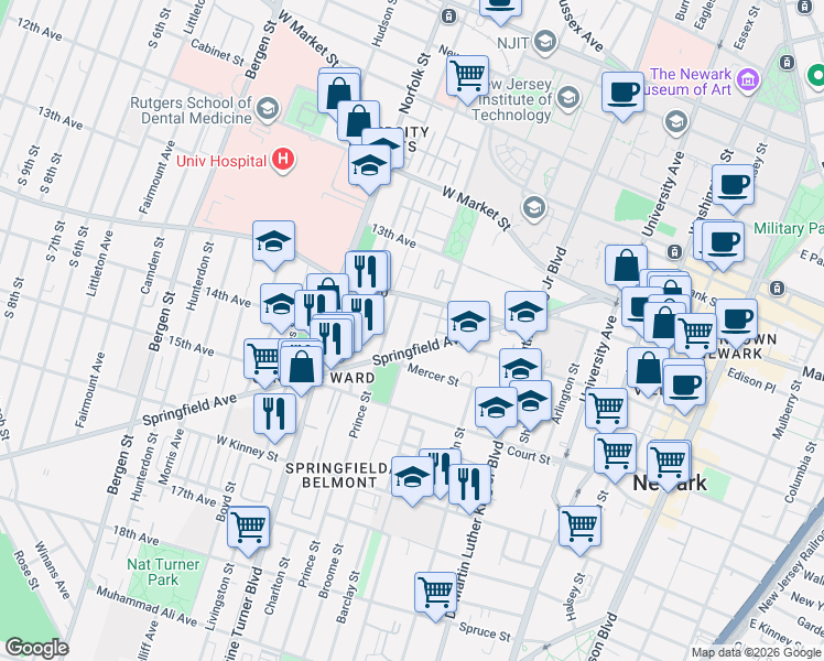 map of restaurants, bars, coffee shops, grocery stores, and more near 135 Springfield Avenue in Newark