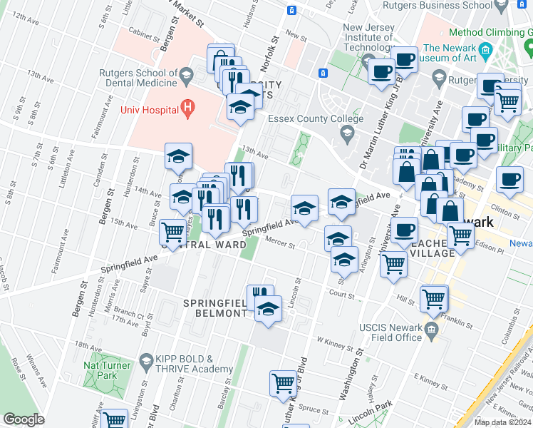 map of restaurants, bars, coffee shops, grocery stores, and more near 135 Springfield Avenue in Newark
