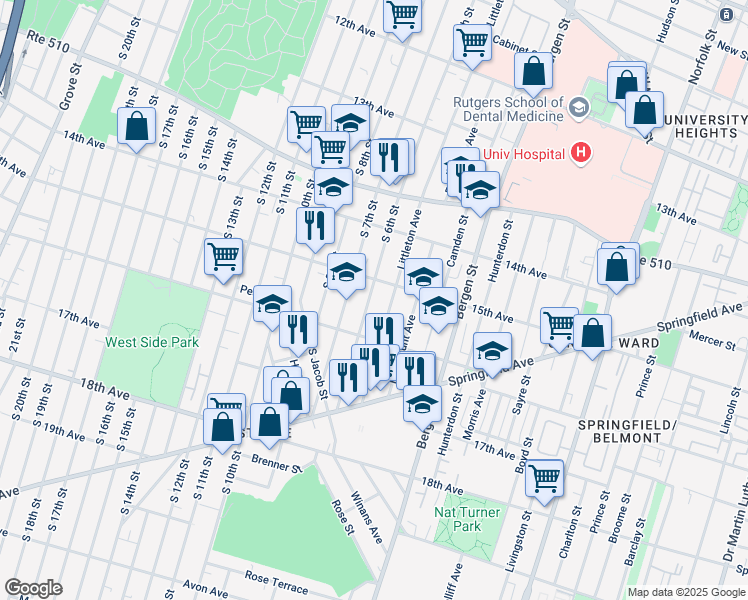 map of restaurants, bars, coffee shops, grocery stores, and more near 324 Littleton Avenue in Newark
