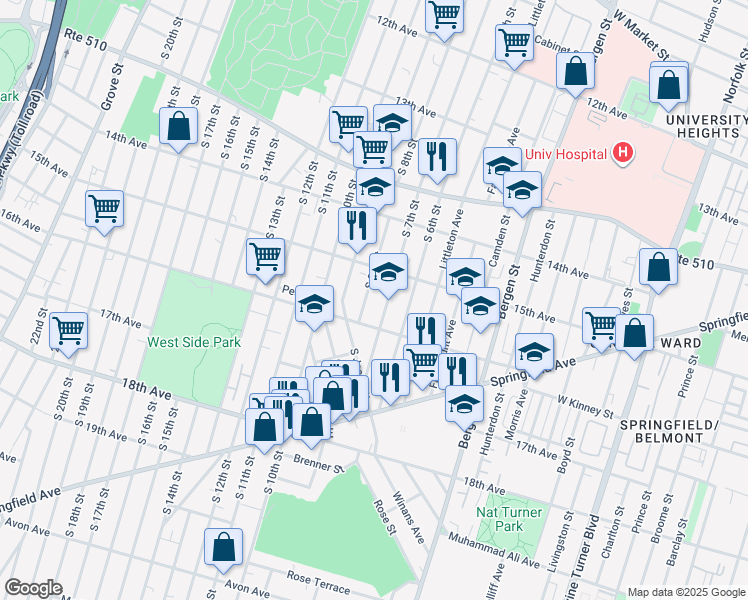 map of restaurants, bars, coffee shops, grocery stores, and more near 127 16th Avenue in Newark