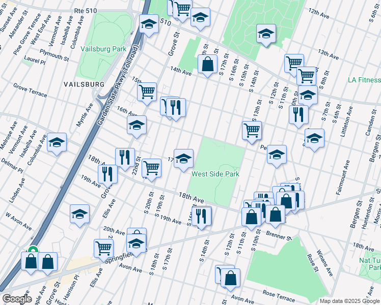 map of restaurants, bars, coffee shops, grocery stores, and more near 599 South 17th Street in Newark