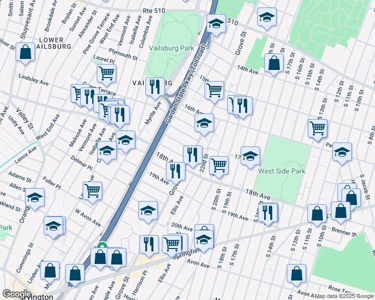 map of restaurants, bars, coffee shops, grocery stores, and more near 648 Grove Street in Irvington