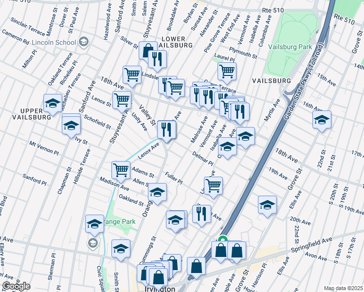 map of restaurants, bars, coffee shops, grocery stores, and more near 123 Delmar Place in Irvington