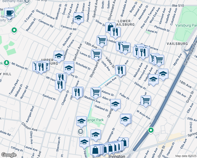 map of restaurants, bars, coffee shops, grocery stores, and more near 17 Crescent Court in Newark