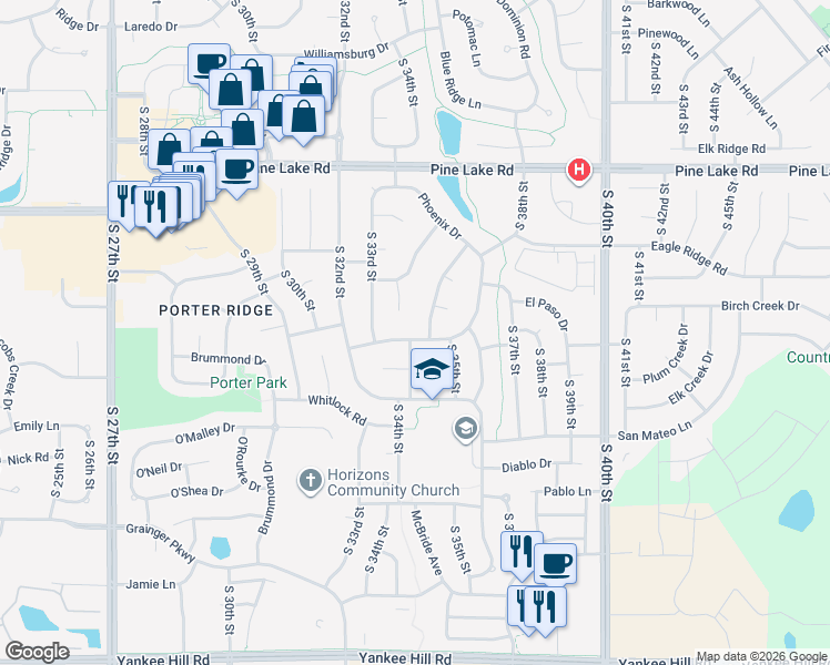map of restaurants, bars, coffee shops, grocery stores, and more near 3411 Canyon Road in Lincoln