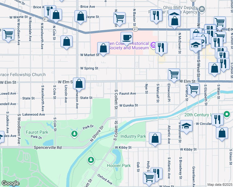 map of restaurants, bars, coffee shops, grocery stores, and more near 401 South Collett Street in Lima