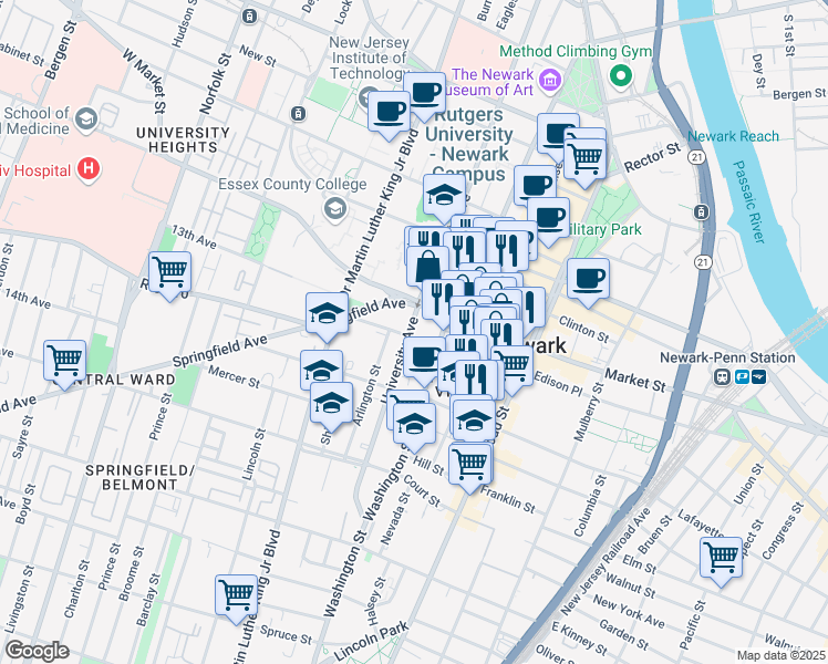map of restaurants, bars, coffee shops, grocery stores, and more near 320 University Avenue in Newark