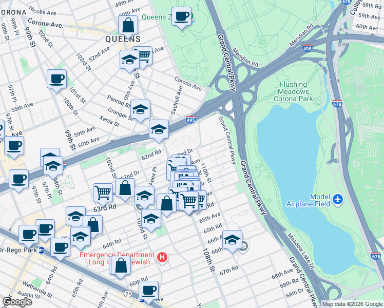 map of restaurants, bars, coffee shops, grocery stores, and more near 108-27 63rd Avenue in Queens