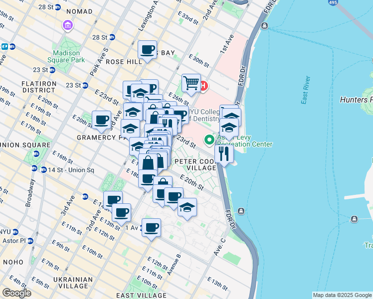 map of restaurants, bars, coffee shops, grocery stores, and more near 420 East 23rd Street in New York