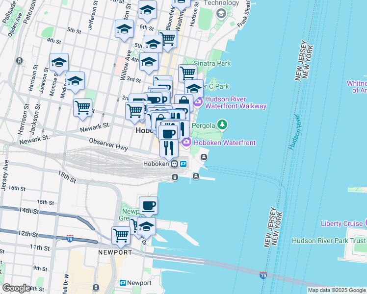 map of restaurants, bars, coffee shops, grocery stores, and more near 10 Hudson Place in Hoboken