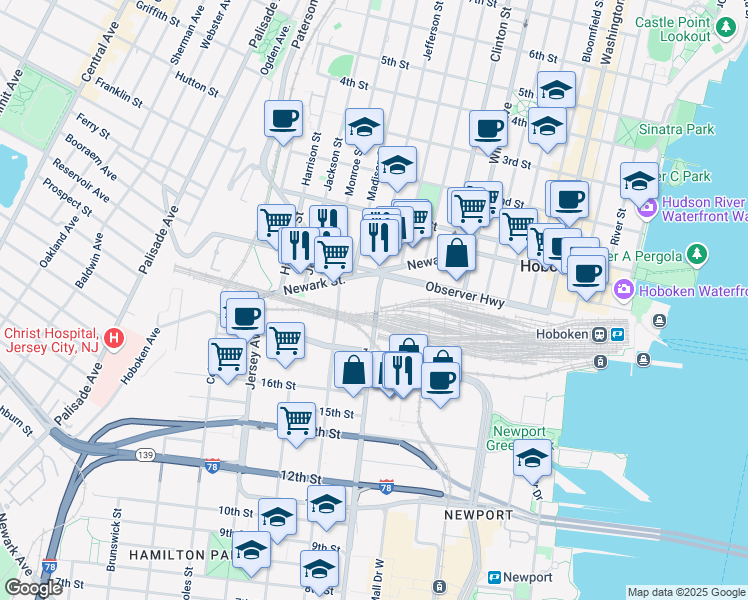 map of restaurants, bars, coffee shops, grocery stores, and more near 689 Marin Boulevard in Jersey City