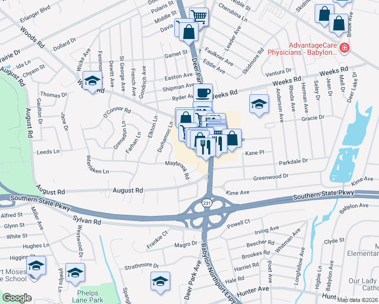 map of restaurants, bars, coffee shops, grocery stores, and more near 1144 Deer Park Avenue in North Babylon