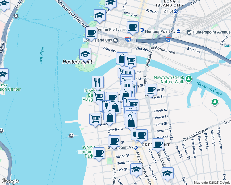 map of restaurants, bars, coffee shops, grocery stores, and more near 66 Dupont Street in Brooklyn
