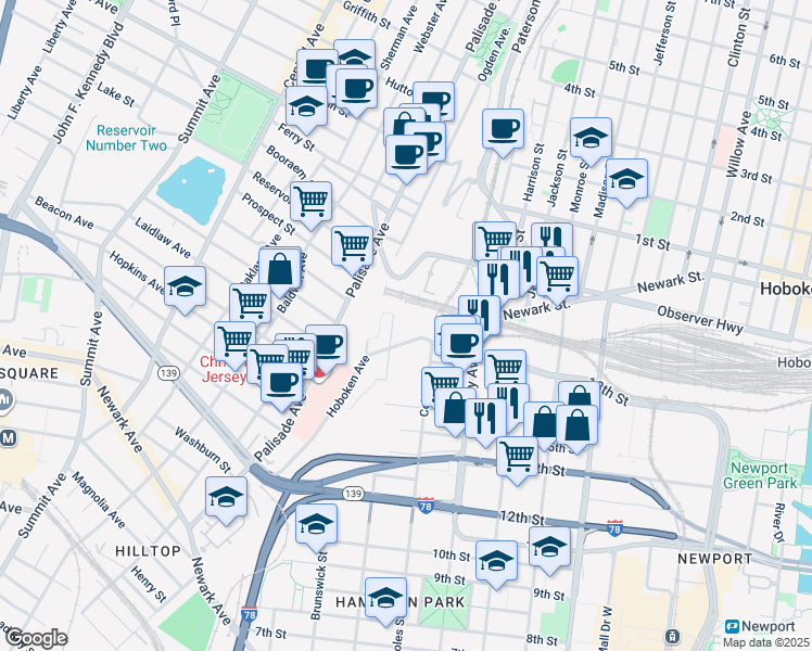 map of restaurants, bars, coffee shops, grocery stores, and more near 843 Jersey Avenue in Jersey City