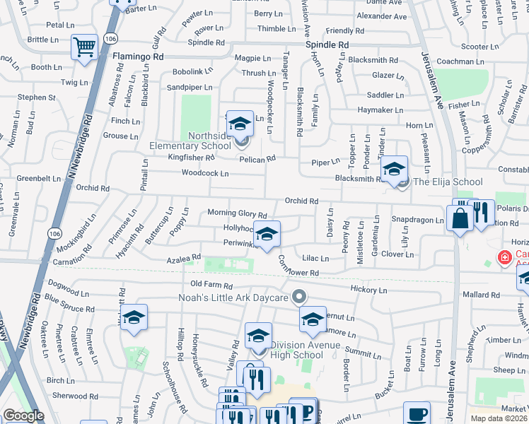 map of restaurants, bars, coffee shops, grocery stores, and more near 18 Violet Lane in Levittown