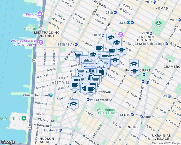 map of restaurants, bars, coffee shops, grocery stores, and more near 126 West 11th Street in New York