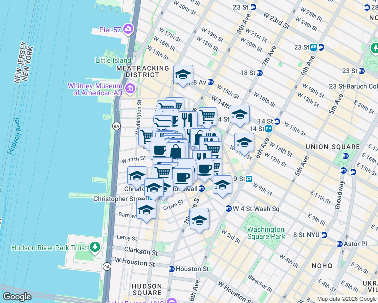map of restaurants, bars, coffee shops, grocery stores, and more near 262 West 11th Street in New York